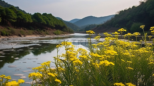 河流和山脉的金色大花 韩国 韩国风景艺术