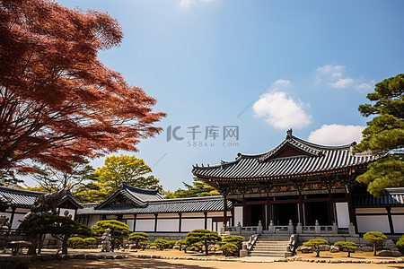 山谷景点背景图片_蓝天绿树旁的韩国宅邸