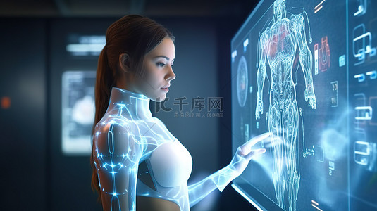 hud图形背景图片_增强型医疗技术女性机器人或机器人利用 HUD 或 3D 图形显示