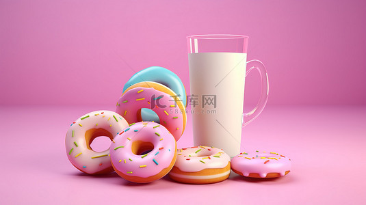 奶饮料背景图片_3D 创建的柔和背景上充满活力的甜甜圈和牛奶饮料