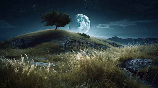 令人着迷的夜间幻想景观的 3D 插图，满月闪闪发光的星星和郁郁葱葱的绿草