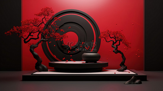 红色圆形背景上黑色日本风格抽象讲台和盆景的 3D 渲染