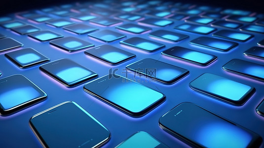 简约蓝色科技模板背景图片_蓝色地板上简约抽象智能手机的 3D 渲染