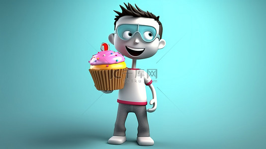 快乐的青少年动画角色享受 3D 纸杯蛋糕