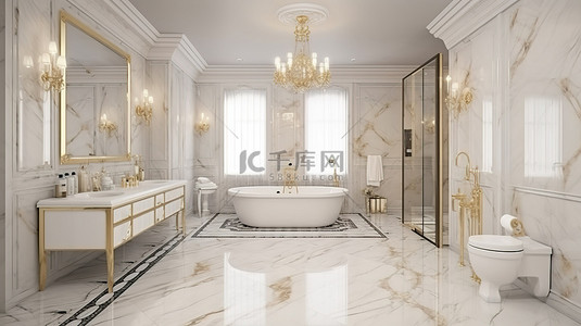 豪华的瓷砖装饰增强了 3D 渲染的现代经典浴室