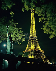 巴黎夜景背景图片_巴黎自由女神像