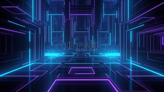 紫色和蓝色霓虹灯中科幻抽象几何背景的 3d 插图