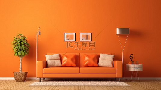 橙色墙壁背景客厅的 3D 渲染