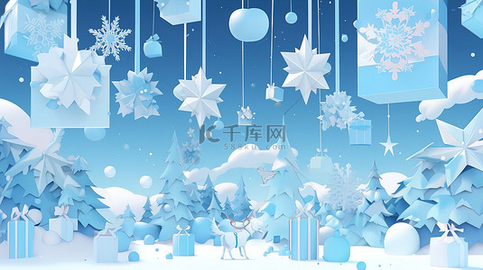 主题卡通背景图片_蓝色圣诞纸工艺 3d 呈现节日雪花礼品树星星和糖果手杖