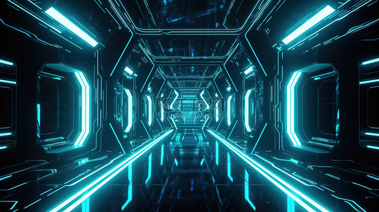 未来科幻宇宙飞船走廊令人惊叹的 3D 渲染与反光蓝色霓虹灯
