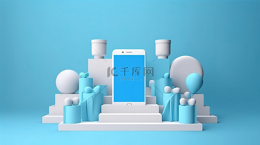 手机传单背景图片_3D 渲染扩音器和销售海报围绕蓝色讲台上的智能手机模型