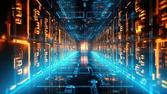 区块链链科技背景图片_具有高速数据流的加密货币服务器的 3D 渲染展示了用于数字数据传输的未来区块链技术