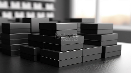 品牌展示模板背景图片_立方体形状的 3D 渲染展示四堆黑色名片