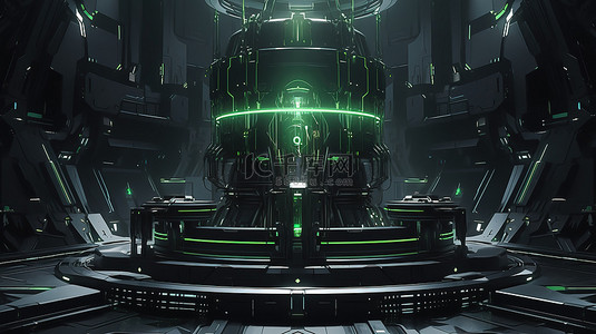 黑色聚光背景背景图片_3d 渲染中带绿色霓虹灯的深色背景科学舞台
