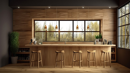 带木质饰面和窗景 3d 渲染的厨房吧台