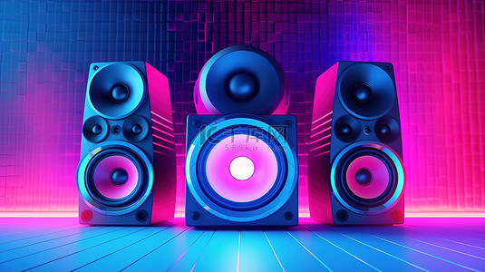未来派扬声器系统作为音乐艺术概念网络蓝色和粉色舞台灯在黑暗环境中完美适合工作空间或 3D 渲染的背景艺术