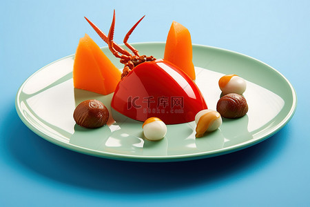 螃蟹蔬菜背景图片_蓝色桌布上放着一个盘子，上面放着螃蟹和胡萝卜