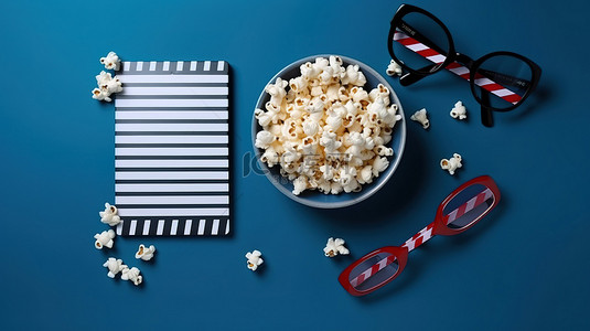 电影行业背景图片_娱乐行业顶视图电影拍板爆米花碗和经典蓝色背景上的 3D 眼镜，带有戏剧性的阴影