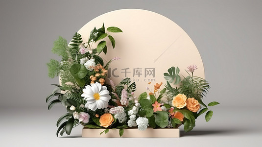 中花边框背景图片_3D 渲染中的花卉空白画布植物邀请卡