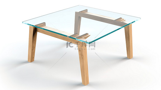 时尚木腿和玻璃表面阁楼桌的孤立白色背景 3D 渲染