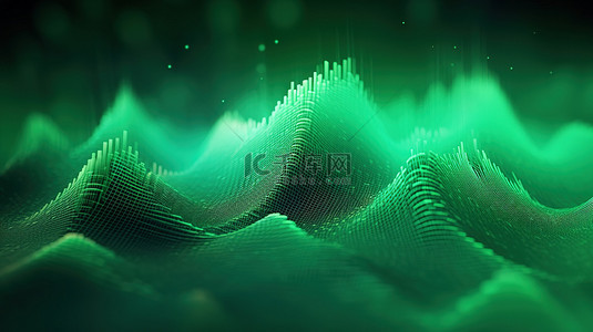 动态早上好带字动背景图片_3D 渲染未来派绿色背景，带有点线和动态波，用于大数据可视化