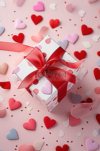 红色心形背景图片_情人节礼物盒，由红色和粉红色的心形排列而成