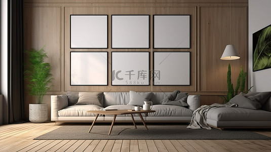 设计渲染图背景图片_带有醒目的相框的木镶板客厅 3D 渲染图