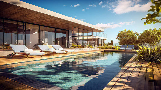 日光繁茂背景图片_现代房屋拥有带日光躺椅的池畔露台 3d 渲染