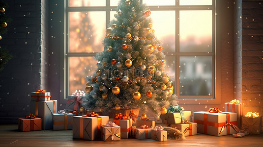 3d 渲染节日圣诞节 d cor 与礼物和树