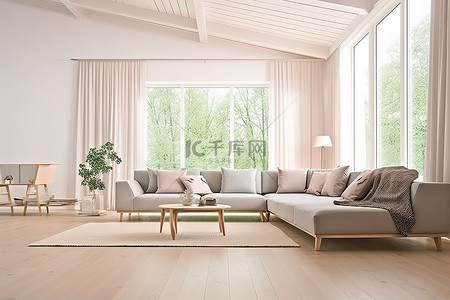 地毯地板背景图片_带沙发和白色硬木地板的大房间