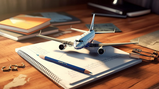 3d 概念化航空旅行与飞机护照机票笔和纸在木桌上