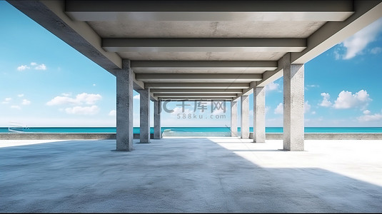 灰色建筑设计背景图片_停车场闲置混凝土地板 3D 渲染现代建筑，风景优美的海洋和蓝天背景