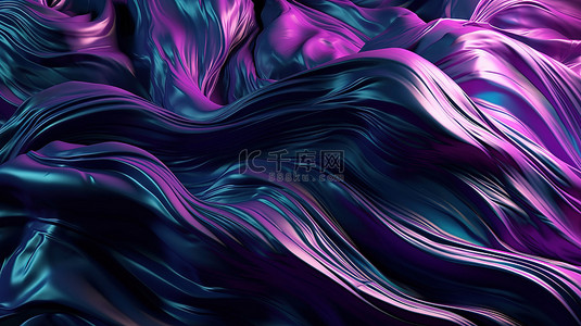 抽象时尚背景，以深色和紫色丝绸和彩虹色全息箔为特色，在 3D 渲染中