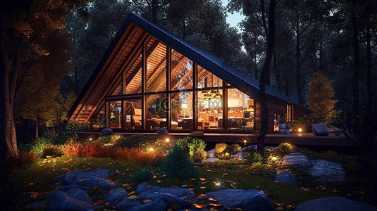 迷人的森林度假胜地夜间木屋外部的 3D 插图