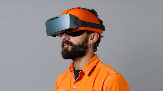 戴着土木工程师的 3d 眼镜在浅色背景下戴着橙色头盔