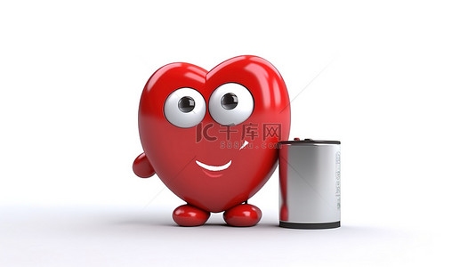 爱带回家背景图片_带可充电电池的白色背景红心吉祥物的 3D 渲染