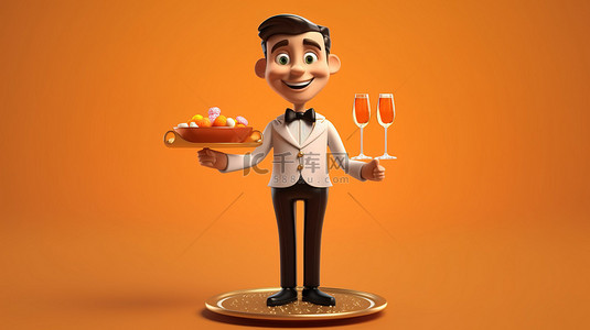人物职业卡通背景图片_卡通服务员拿着香槟托盘的 3D 插图