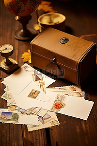 英国伦敦邮票背景图片_木桌上的旧信封信封笔记本