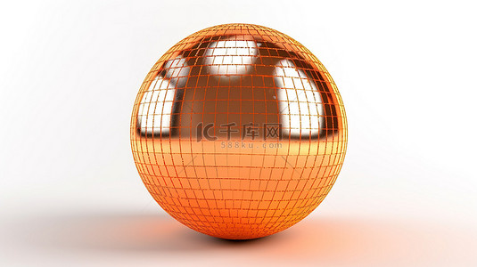 闪亮反光的橙色迪斯科球，以 3D 形式描绘，在白色背景下散发出充满活力的金属光芒