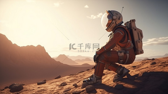 科幻科技空间背景图片_惊叹于火星景观的宇航员在 3D 渲染的殖民地上放松