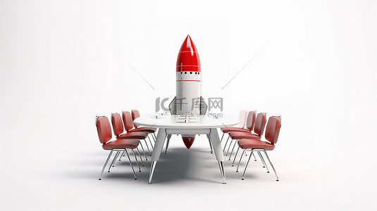 企业战略管理背景图片_创新创业概念火箭以白色背景 3D 渲染的桌子周围的椅子为中心