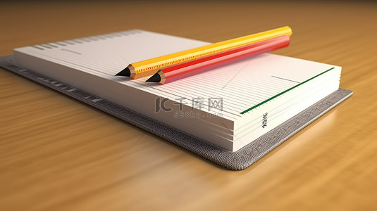 铅笔堆背景图片_文具背景，在铅笔尺和橡皮擦顶部有 3D 书籍图标