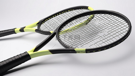网球设备以 3d 呈现，两个球拍和一个干净的白色背景上的球