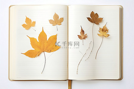 秋叶留在带有棕色页面的开放笔记本中