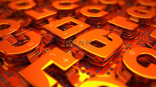 物联网背景图片_数字背景上的橙色物联网文本通过 3D 渲染说明物联网网络概念