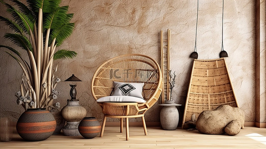 椅子海报设计背景图片_以 3D 渲染呈现的当代非洲主题客厅设计