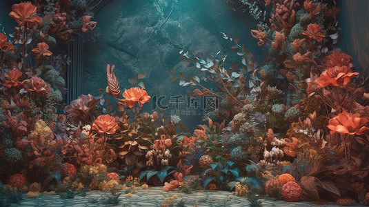 渲染植物背景图片_植物仙境 3d 渲染植物和花卉的装饰背景