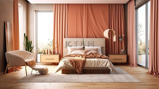 汽车和墙背景图片_时尚实用的卧室设计，配有更衣抽屉椅衣柜床上用品毯子和枕头 3D 插图