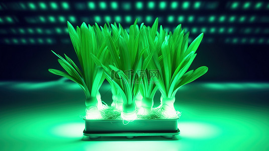 绿色成长背景图片_绿色洋葱植物在 LED 生长灯下茁壮成长的 3D 插图