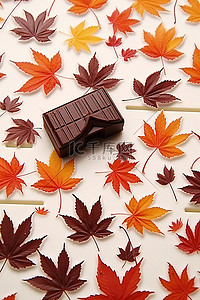 白色表面上的秋叶，配有巧克力和房子